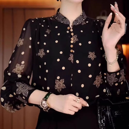 时尚波点印花衬衣女长袖薄款上衣