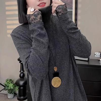 法式气质蕾丝拼接高领长袖打底衫女秋冬季超好看时尚百搭内搭上衣