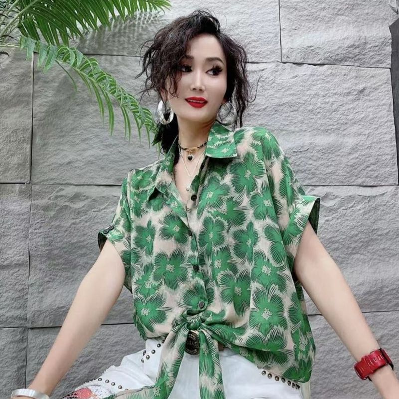 欧洲站2026夏新款复古宽松显瘦港风碎花印花晕染落肩袖短袖衬衫女