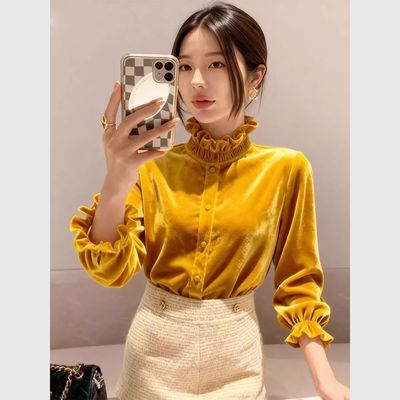 法式小香风黄色丝绒上衣打底衣女