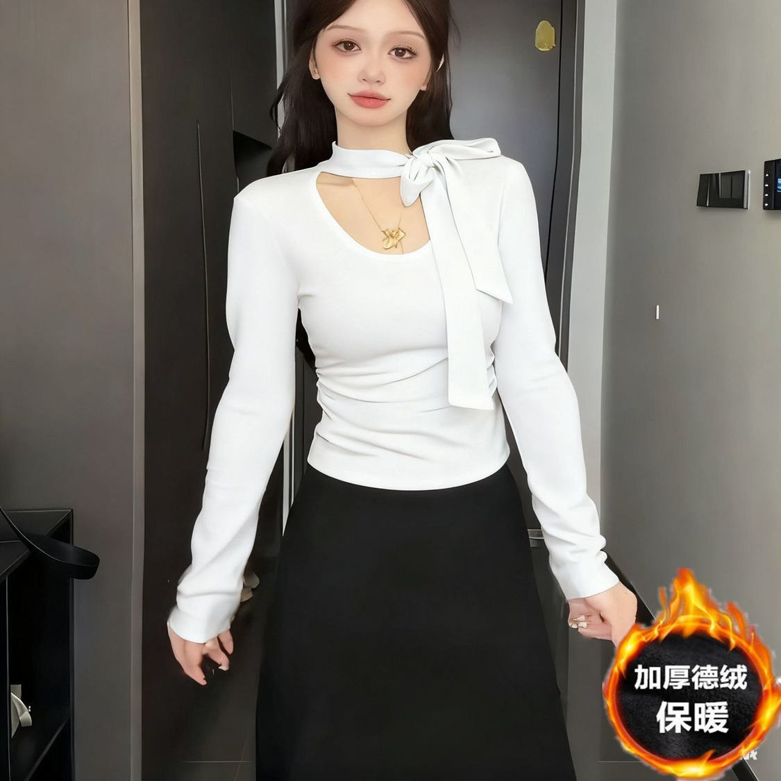 2025早秋季新款纯欲风飘带V领长袖T恤女装气质修身内搭打底衫上衣