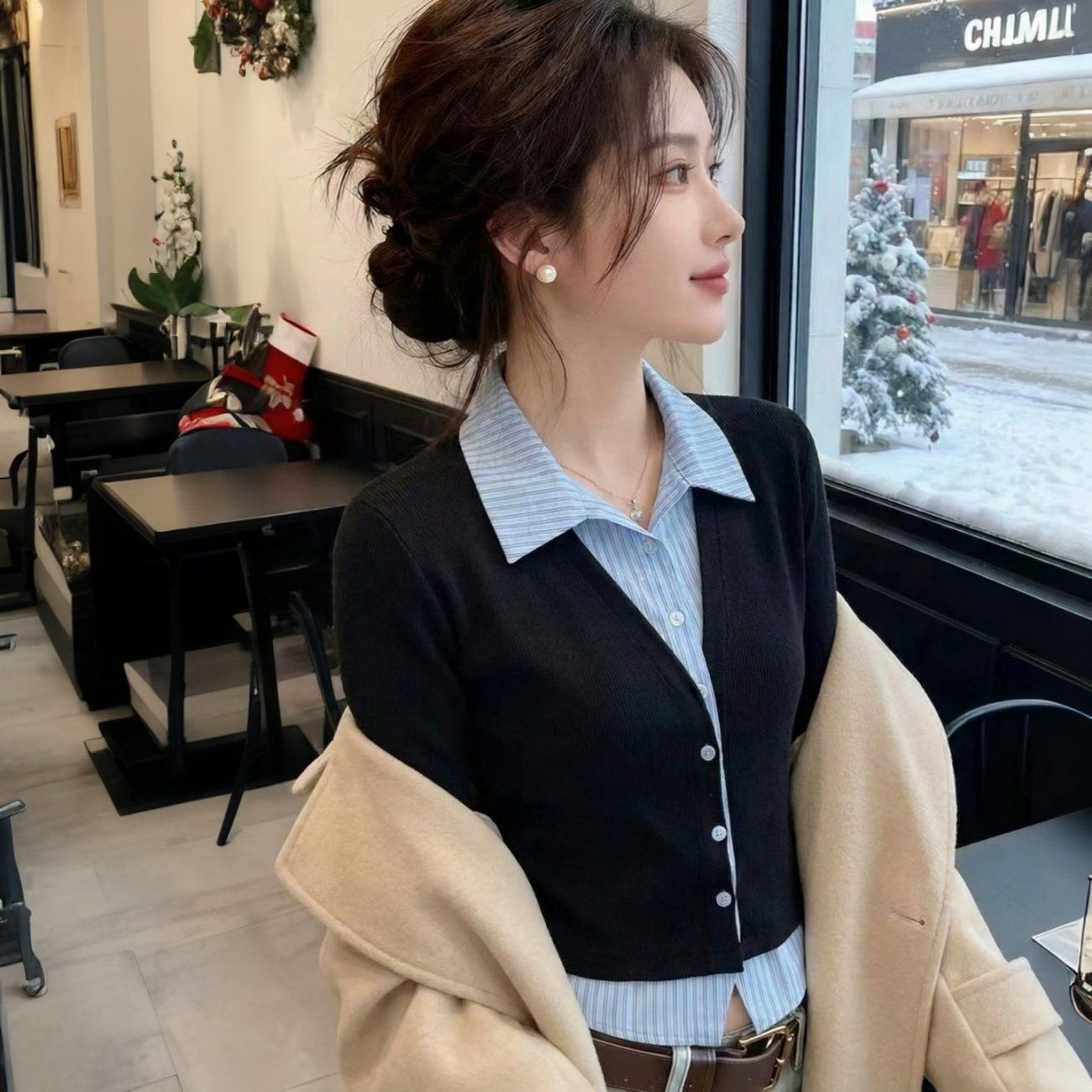休闲风修身翻领开衫女长袖蓝色条纹拼接衬衫秋季女装