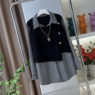 大码不规则条纹拼接假两件衬衫女秋季胖妹妹别致时尚显瘦条纹衬衣