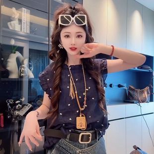 百搭甜美减龄上衣 木耳边爱心印花后背纽扣衬衫 女欧货夏季 新款 时尚