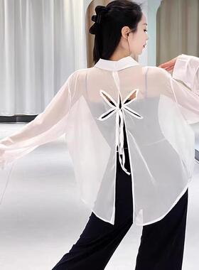 高级感冰丝薄款防晒衬衫外套女夏季宽松后背镂空系带雪纺空调开衫