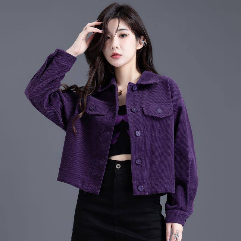 2026春秋新款灯芯绒条绒衬衣外套女酱紫色上衣加厚小个子短款夹克