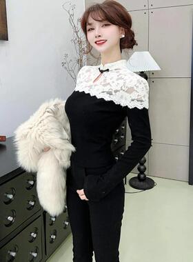 欧货蕾丝拼接上衣女2026秋冬新款时尚设计感减龄显瘦绑带长袖小衫