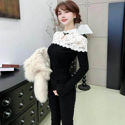 欧货蕾丝拼接上衣女2026秋冬新款时尚设计感减龄显瘦绑带长袖小衫