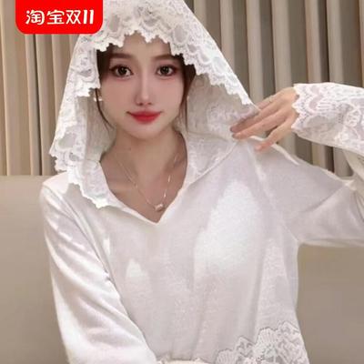大码连帽蕾丝边拼接针织衫女胖mm秋冬内搭白色高级感钩花修身上衣