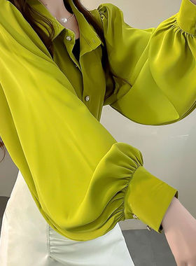 春季清新松绿纯色衬衫2026新款女雪纺衬衣宽松百搭灯笼袖翻领上衣