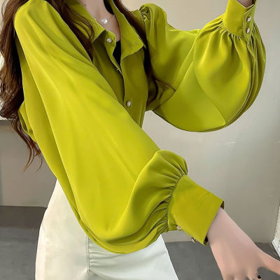 春季清新松绿纯色衬衫2025新款女雪纺衬衣宽松百搭灯笼袖翻领上衣