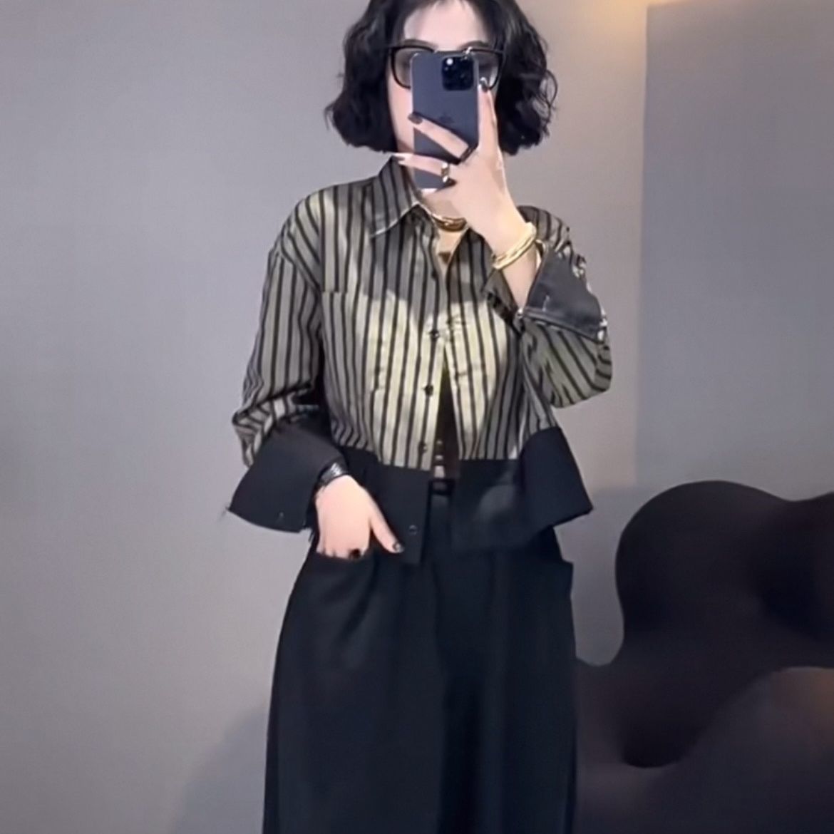 复古港风衬衫女2025春秋款欧货修身洋气POLO领条纹拼接短款小外套