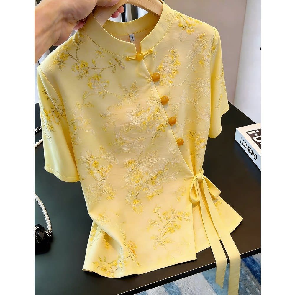 今年夏季新款新中式风盘扣立领系带短袖衬衫黄色优雅复古气质上衣