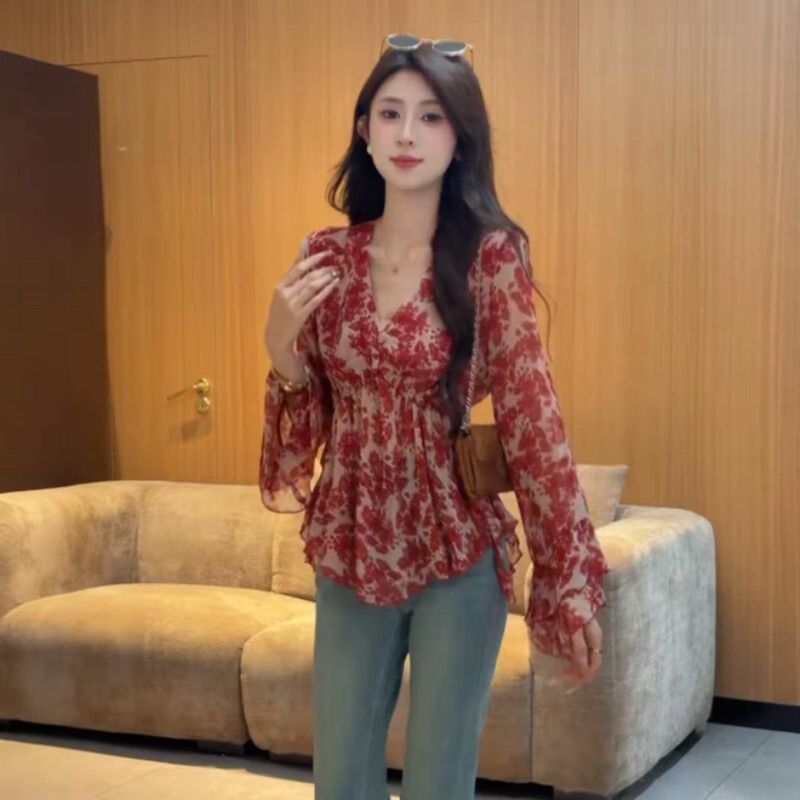 大码复古喇叭袖V领碎花雪纺衬衫女春夏胖mm收腰显瘦绝美防晒上衣