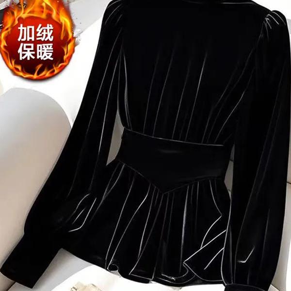 法式独特超好看内搭长袖金丝绒衬衫冬季轻奢高级感黑色加绒上衣