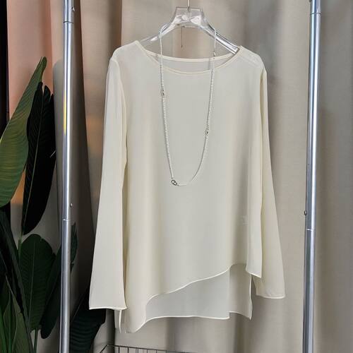 空调防晒罩衫雪纺夏轻薄微透圆领衬衫女长袖t恤宽松不规则外搭女