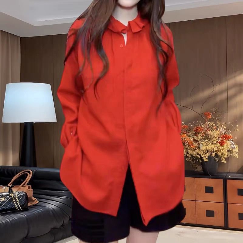 高级感红色衬衫女士长袖春秋冬新款木耳边立领衬衣法式喇叭袖上衣