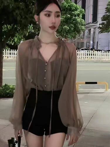 法式气质氛围感V领系带设计衬衫女夏季女装高档衬衣洋气薄款上衣