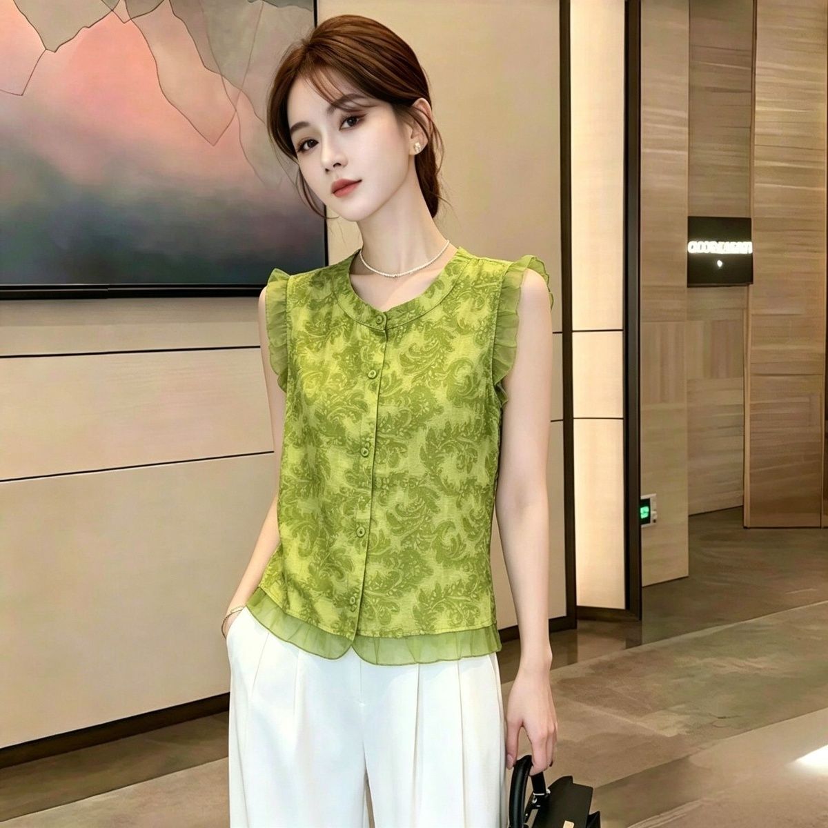 开衫宽松圆领通勤风无袖提花衬衫女夏绿色拼接显瘦百搭气质上衣