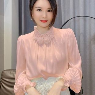 新款 减龄宽松外穿长袖 女2024春装 花朵缎面设计感百搭休闲衬衫 上衣