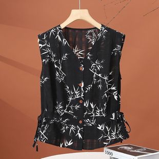 气质无袖 女夏季 时尚 雪纺衬衫 百搭印花V领上衣 新款 小个子洋气小衫
