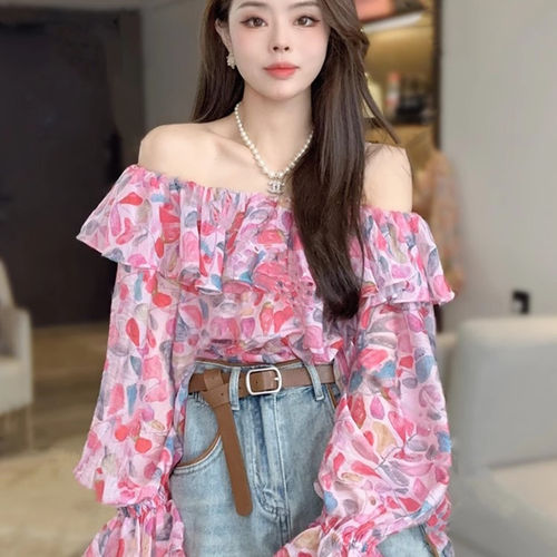 法式减龄百搭碎花喇叭袖衬衫女夏季一字领露肩遮肉显瘦雪纺上衣
