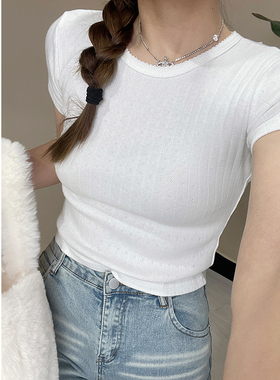 纯欲风花边圆领短款镂空T恤女夏打底衫bm白色短袖露脐辣妹棉上衣