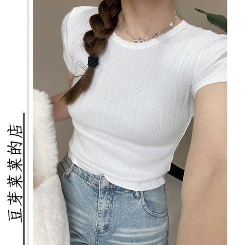 圆领露脐夏季镂空短袖t恤辣妹