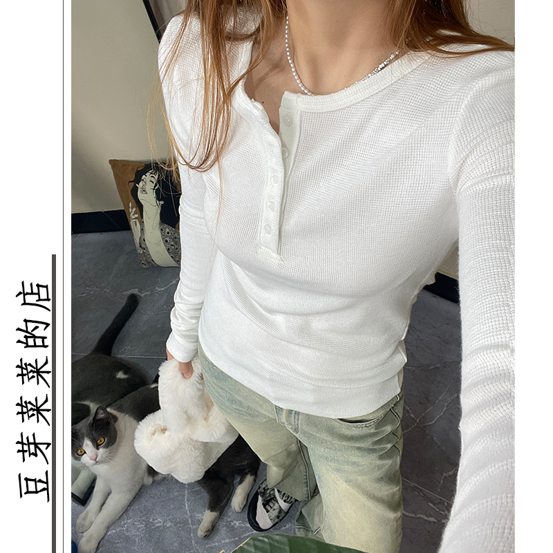 圆领纯色华夫格上衣打底衫紧身