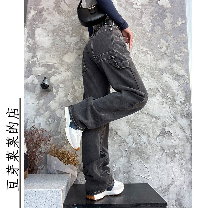 牛仔大口袋明线拖地高街工装裤