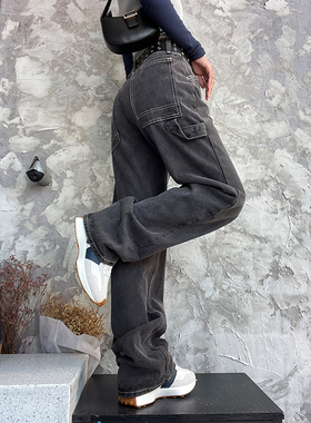 brandy大口袋明线拖地牛仔工装裤女bm高街直筒裤复古加长高个子潮