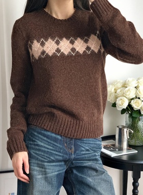 【正确版】at同款羊毛混纺正肩直筒菱形格复古休闲圆领套头毛衣女