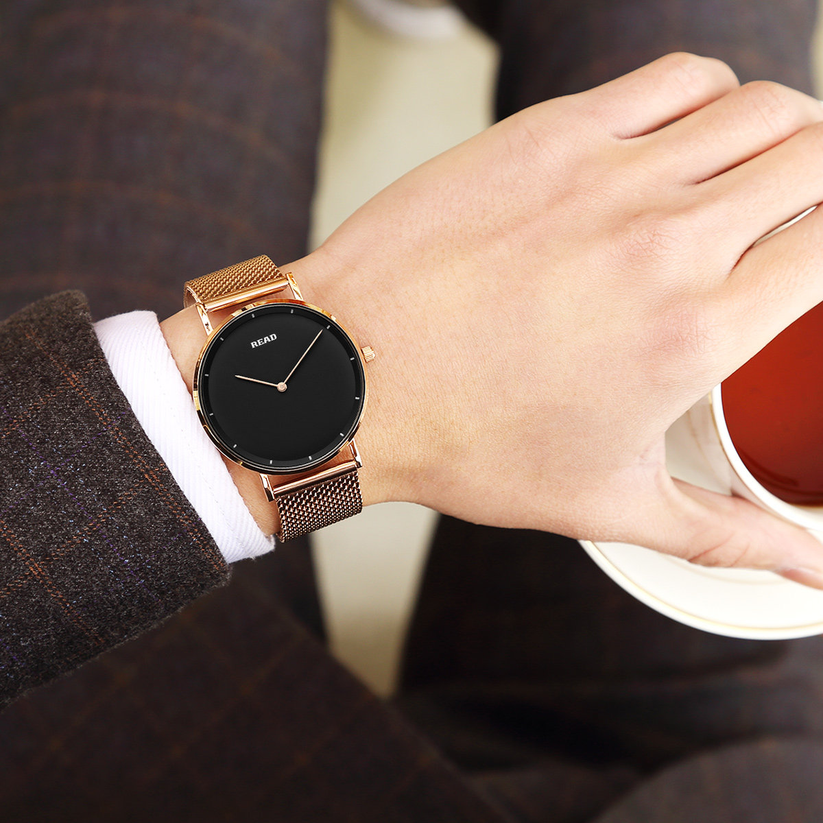 read锐力男士手表 时尚商务休闲型男简约两针米兰网带石英腕表男