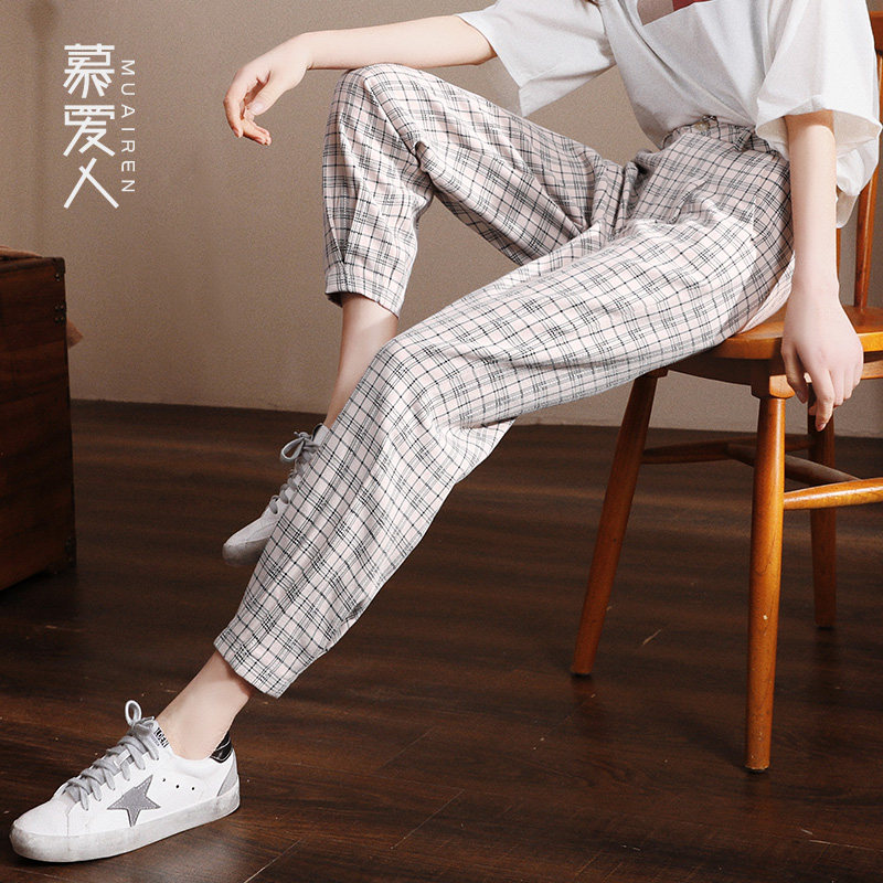 慕爱人宽松哈伦裤女夏2020新款薄款显瘦休闲老爹裤高腰格子九分裤