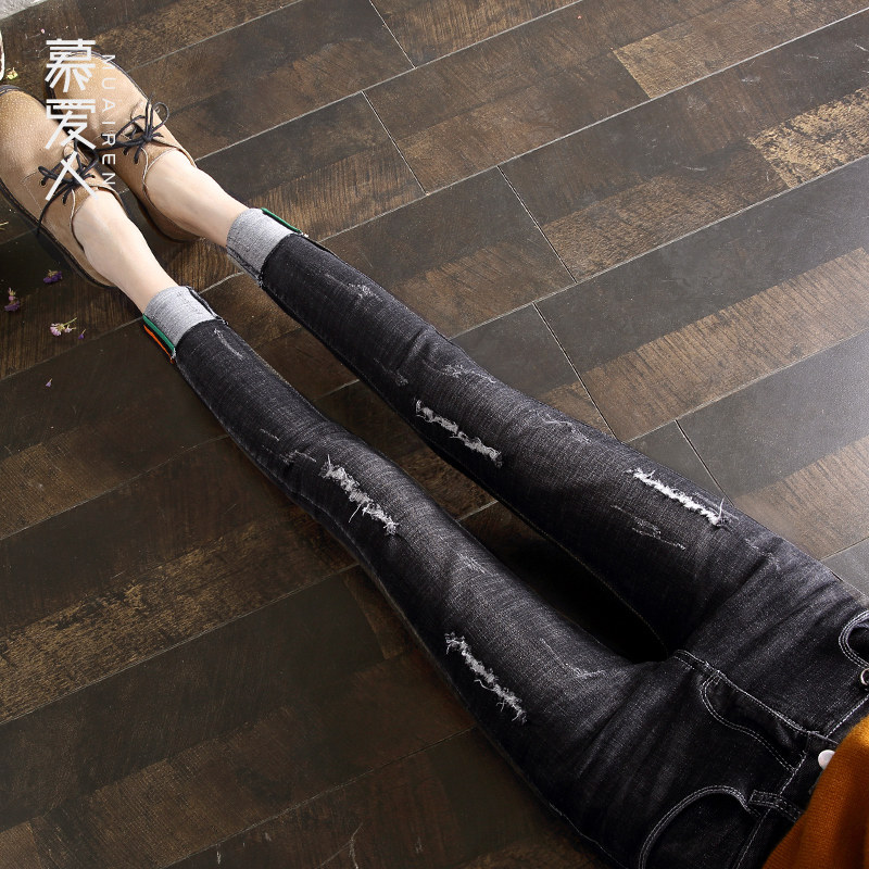 Wife black Feet Jeans Flanging Tight fitting Paige Show thin hole Korean Edition Self cultivation Ninth pantsin the Women's clothing/Boutique , Jeans  category - from Buy2taobao.com to provide professional Taobao agent buy service