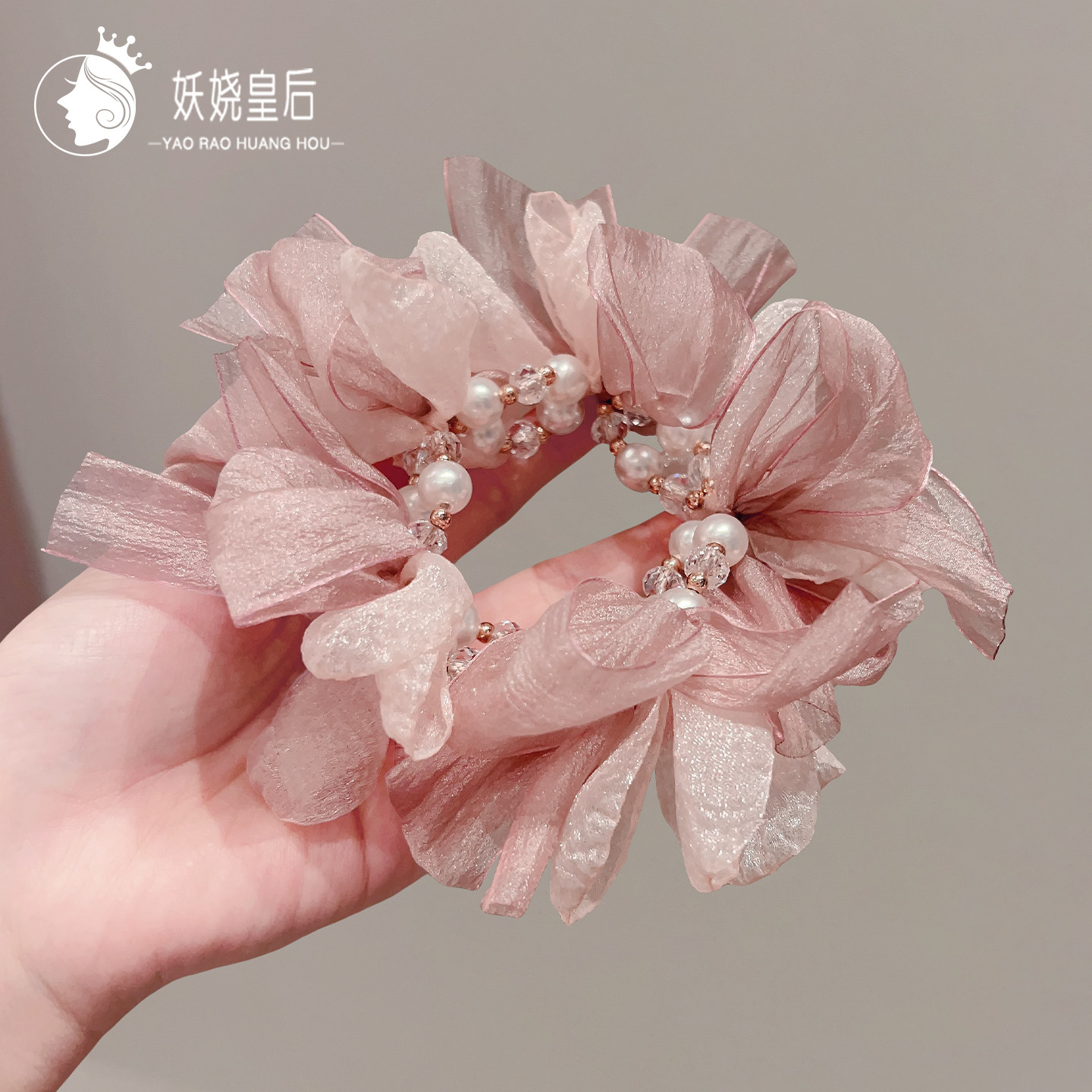 韩系超仙薄纱蝴蝶结珍珠发圈高级感手串镶钻丸子头低马尾皮筋头绳