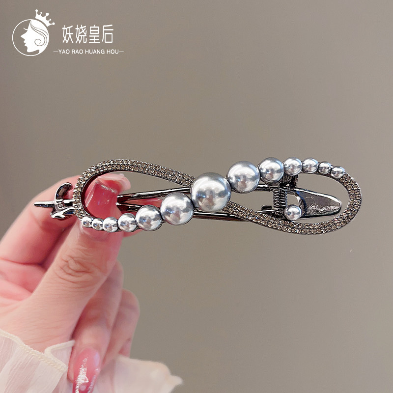 高级感水钻珍珠黑色发夹女后脑勺盘发一字夹发卡青蛙扣扭扭夹发卡