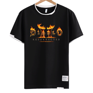 暗黑破坏神2重制版游戏周边拼接短袖T恤衫男女假两件半袖体恤衣服