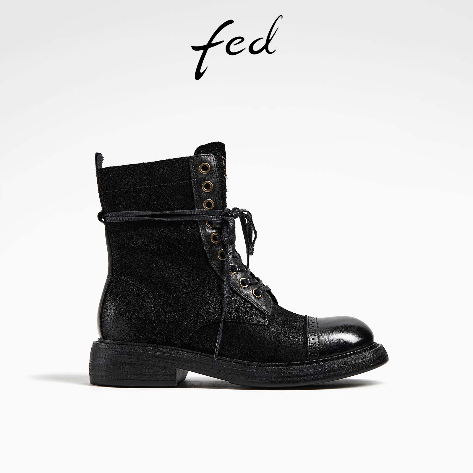 fed粗跟机车靴秋季新款女靴布洛克短靴黑色马丁靴女款D0907-ZC650