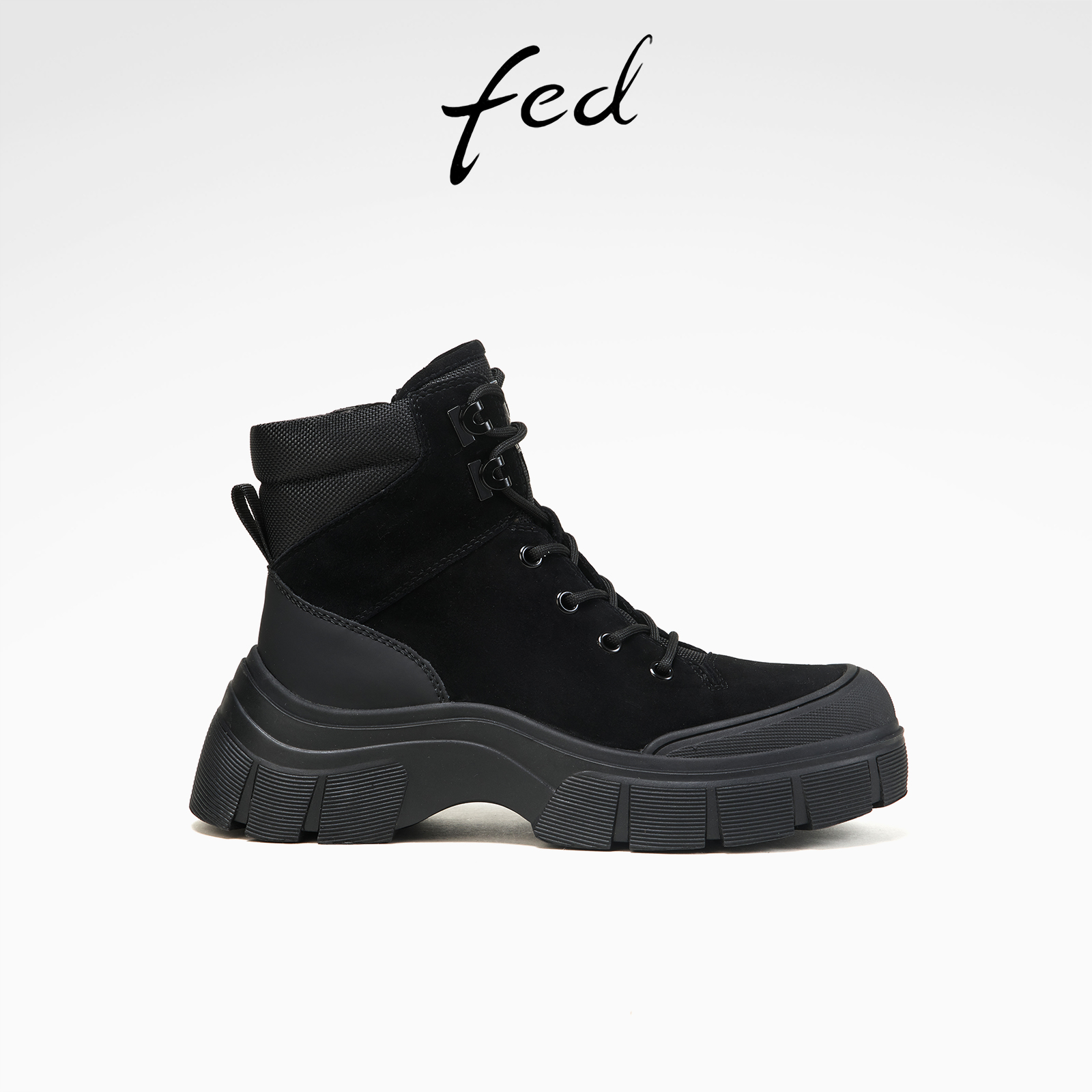fed厚底马丁靴冬季新款女靴拼接户外机车靴黑色短靴女D1009-YA612
