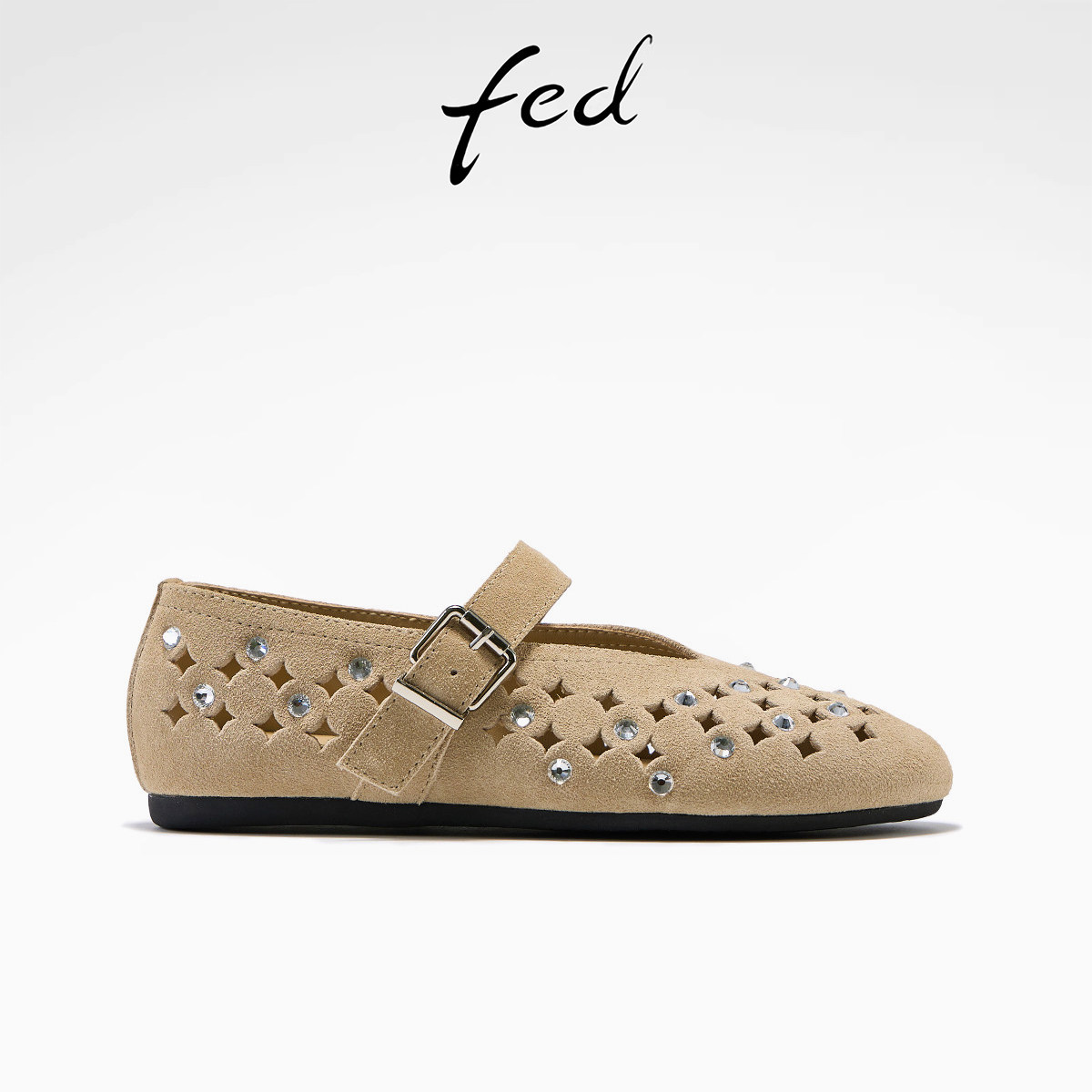 fed冲孔牛皮26夏季新款女鞋真皮镂空平底单鞋豆豆鞋芭蕾玛丽珍鞋