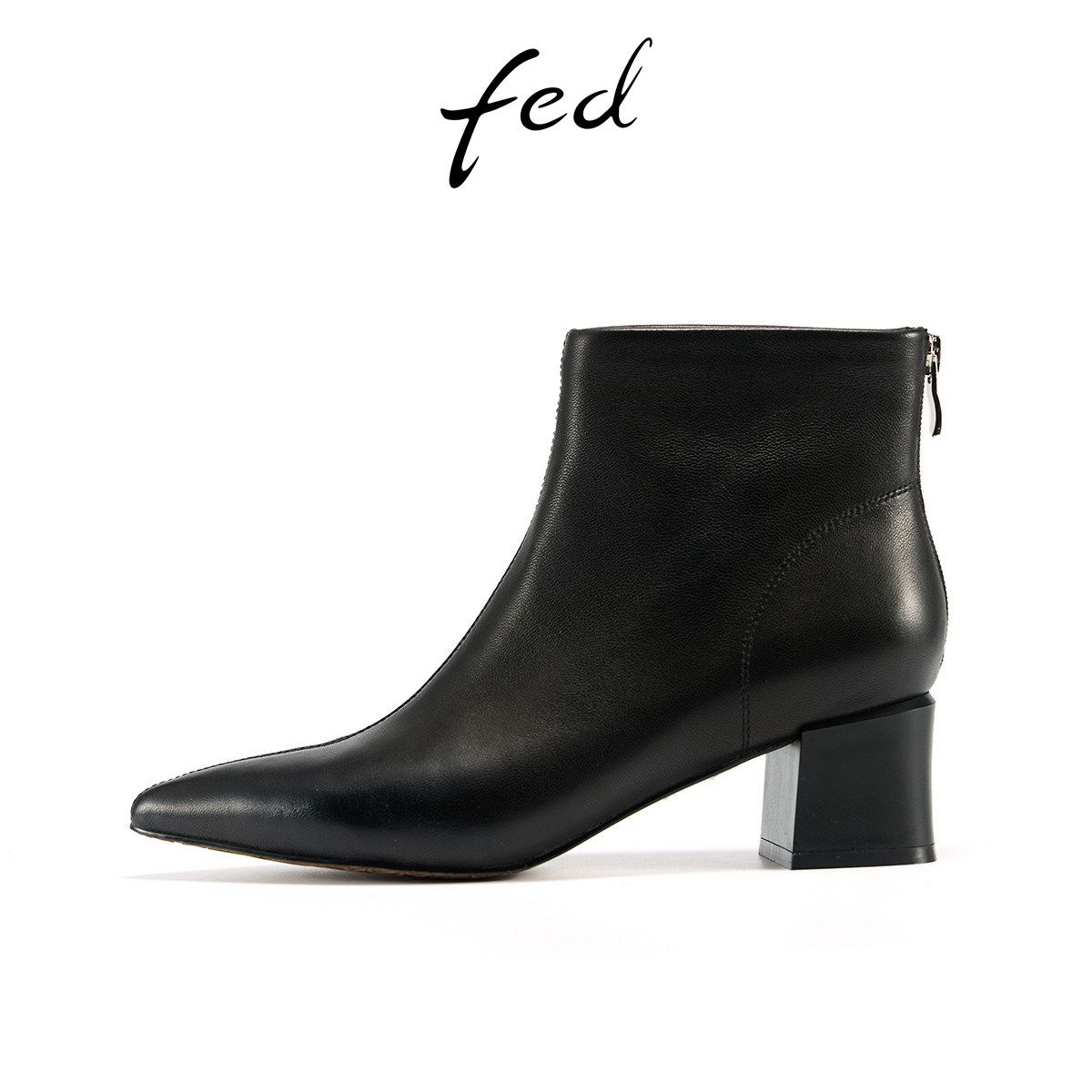 【高级感羊皮】fed春秋真皮简约白色尖头粗跟靴子女短靴时装靴女