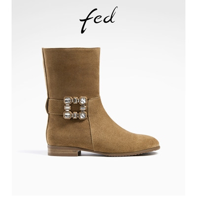 fed法式短靴冬季新款靴子水钻时装靴绒面瘦瘦靴女款R1113-ZFA333