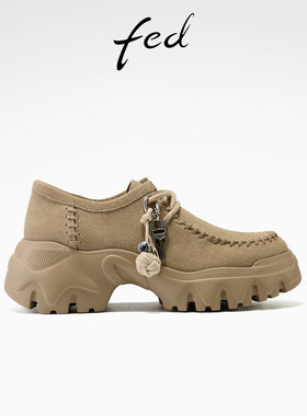 fed松弛游牧2026春季新款真皮超轻厚底系带运动休闲单鞋袋鼠鞋女