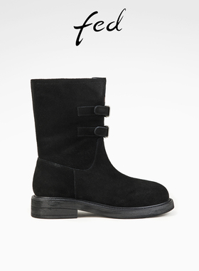 fed加绒短靴春季新款女靴皮带扣时装靴黑色西部靴女款D1114-ZC798