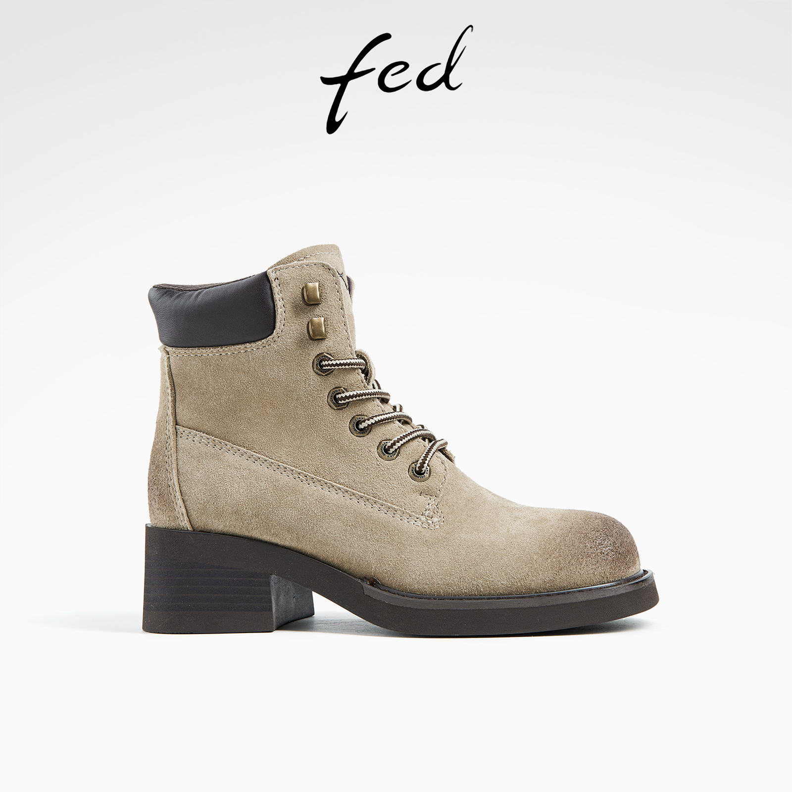 fed秋冬真皮粗跟厚底靴子女靴复古牛皮短靴大黄靴工装靴马丁靴女