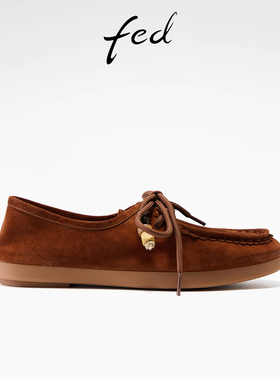 fed羊皮女鞋26春季新款复古系带袋鼠鞋平底舒适通勤百搭单鞋女