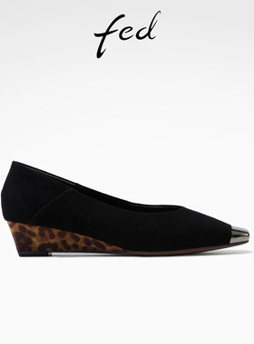 fed缎影豹语单鞋春季新款女鞋小方头瓢鞋一脚蹬坡跟高跟鞋女ZC273