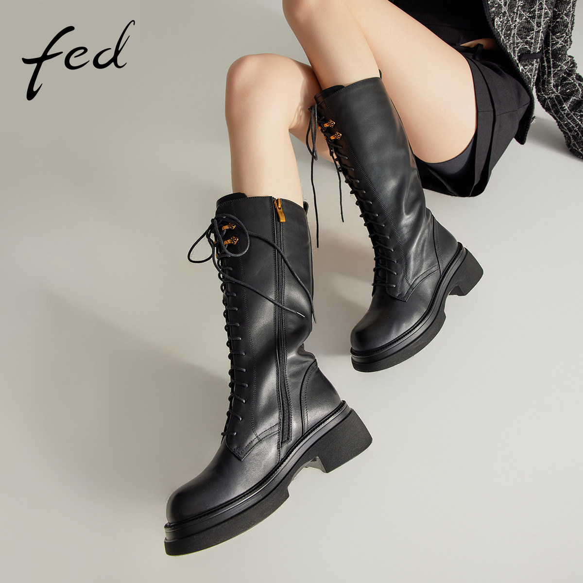 fed粗跟骑士靴冬季新款靴子厚底长筒靴真皮时装靴女款R1004-ZF911