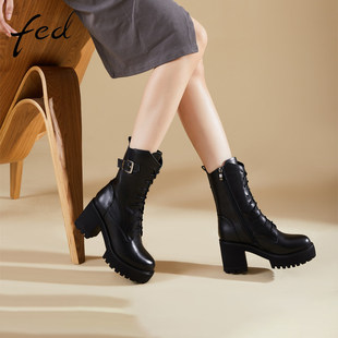 ZFA268 加绒马丁靴增高小个子粗跟皮靴女1130 fed加绒短靴冬季 新款